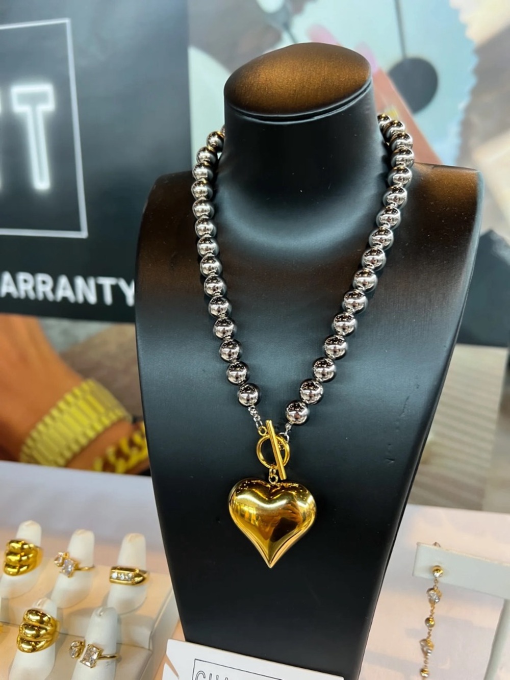 Chunky Silver Bead Necklace with Gold Heart Pendant